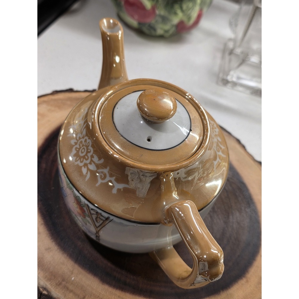 Vintage Japan Brown Floral Handpainted Lusterware Tea Pot With Lid - Picture 8 of 16